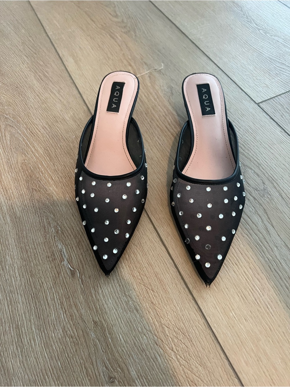 Aqua Black Pointed Mesh Mules with Silver Studs